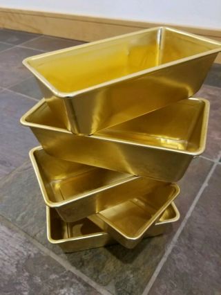 Vintage Mcm Set Of 5 Anodized Gold - Tone Aluminum Baking/loaf/bread Pans Unusual