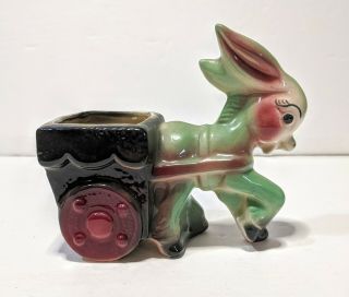 Vintage 1950s Green Ceramic Donkey Planter With Cart Mid Century Kitsch Crackle