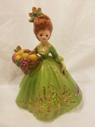 Vintage Josef Originals Figurine Woman Green Dress Fruit Basket
