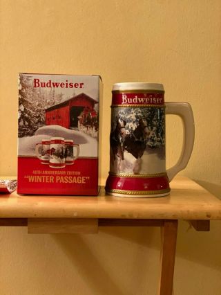 Budweiser 40th Anniversary " Winter Passage " Clydesdale Holiday Stein - Dents On Box