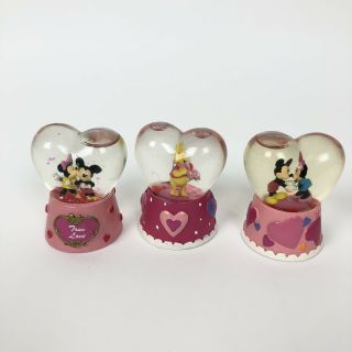 Set Of 3 Disney Mickey & Minnie Mouse Pooh Bear Mini 2.  5 " Snow Globes Valentines