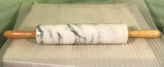 Vintage 18 " White & Gray Marble Rolling Pin W/ Wood Handles
