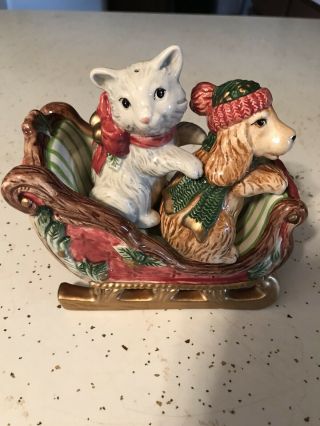 Fitz & Floyd Father Christmas Dog And Cat On Sleigh Salt & Pepper Shakers No Box