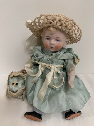 Vintage Ceramic Girl Doll With Blue Dress,  Hat And Pin Basket