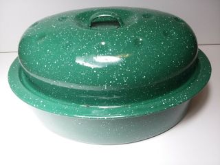 Vintage Speckled Green Oval Enamelware Roasting Pan With Lid