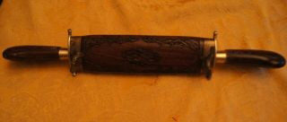 Bbq Knife And Fork In Wooden Sheath With Hand Carvings And Brass Ornamentation