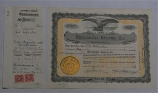 Rhinelanders Brewing Co.  Stock Certificate With Stub And Documentary Stamps