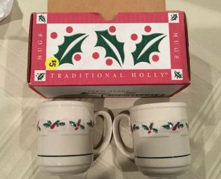 Longaberger Pottery Set Of 2 Holly Mugs Christmas In The Box 31402