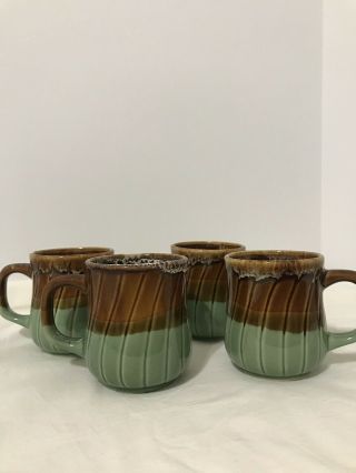 Vintage Stoneware Brown And Green Coffee Cups Brown Drip Made In Taiwan Set Of 4