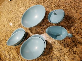 Vintage Boontonware Turquoise Sugar & Creamer,  9 " And Four Serving Bowl Set - 8pc