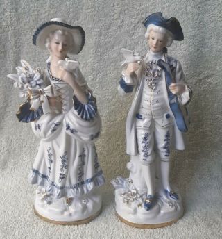 Pair 10 " Vintage Cobalt Porcelain Man Woman With Doves Figurines