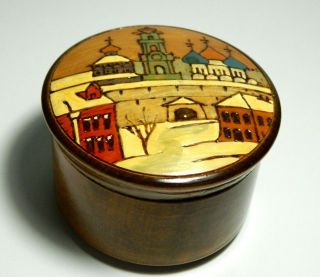 Russian Hand Carved Hand Painted Wood Trinket Jewelry Box Moscow Russia Palace