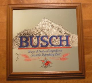 Vintage Busch Beer Bar Advertising Mirror Wooden Frame C.  1970s