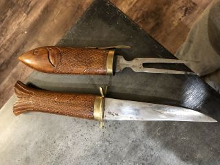 Vintage Wood Fish Knife Fork Carving Set