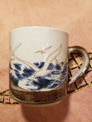 2 Glazed Stoneware (otagiri?) Seagull Ocean Coffee Tea Cups Mugs Blue Brown Tan