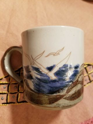 2 Glazed Stoneware (Otagiri?) Seagull Ocean Coffee Tea Cups Mugs Blue Brown Tan 2