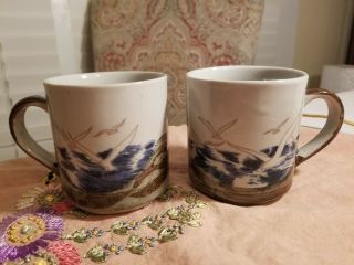 2 Glazed Stoneware (Otagiri?) Seagull Ocean Coffee Tea Cups Mugs Blue Brown Tan 3