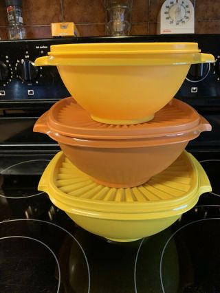 3 Tupperware Vintage Servalier Yellow And Orange Bowls W/ Seals