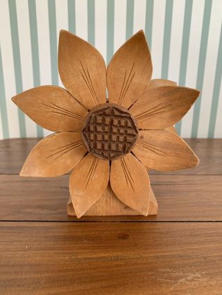 Mid Century Boho Hippie Wood Carved Flower Napkin Holder Mail Organizer