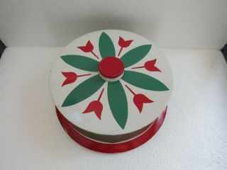 Vintage Cake Tin Metal Carrier Server Red Tulips Green & White 3.  5 " X 8.  75 "