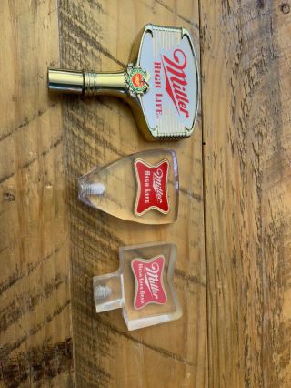Vintage Miller High Life Beer Tap Handles Qty 3 Acrylic One Brass Red And White