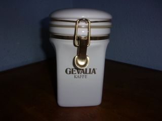 Gevalia White Ceramic Coffee Canister With Gold Lettering Vintage