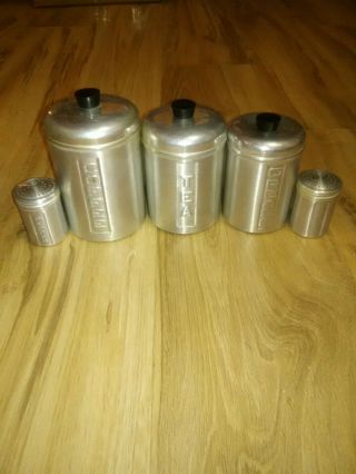 Vintage Set Of 3 Aluminum Canister Plus Salt And Pepper Shakers Made In Italy