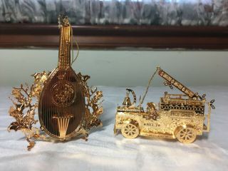 Danbury Gold Plated Christmas Ornaments Set Of 2,  Fire Truck And Instrument
