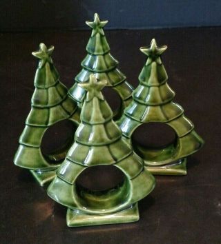 1973 Set Of 4 Ceramic Christmas Tree Napkin Rings Holders Homemade T2