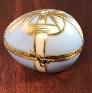 Limoges France Peint Main Blue/gold Egg Shape Ribbon Trinket Box.  Duck Inside.