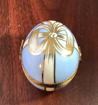 Limoges France Peint Main Blue/Gold Egg Shape Ribbon Trinket Box.  Duck Inside. 2