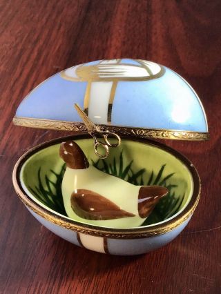 Limoges France Peint Main Blue/Gold Egg Shape Ribbon Trinket Box.  Duck Inside. 3