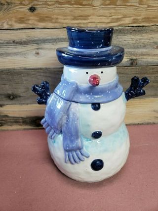 Blue And White Ceramic Snowman Cookie Jar 12 " Tall - Cute