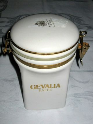 7 " Gevalia Kaffe White Ceramic Coffee Canister Container Gold Trim Clasp