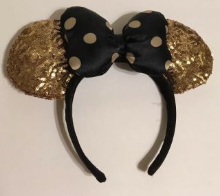 Disney Parks Minnie Mouse Sequin Ears Black & Gold Bow Polka Dot Headband.