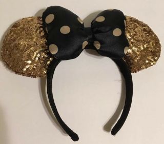Disney Parks Minnie Mouse Sequin Ears Black & Gold Bow Polka Dot Headband. 2
