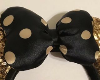 Disney Parks Minnie Mouse Sequin Ears Black & Gold Bow Polka Dot Headband. 3
