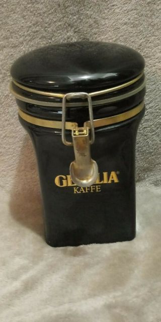 Gevalia Kaffe Balck Ceramic Coffee Canister Rubber Seal Gold Latch & Scoop