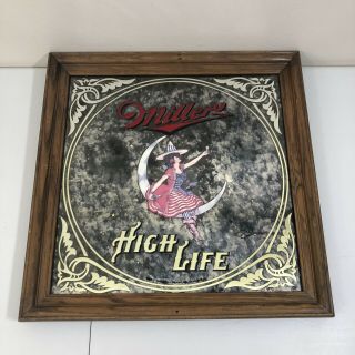 Vtg 1980 Miller High Life Beer Mirror Bar Sign Wood Framed Girl On Moon 18x18
