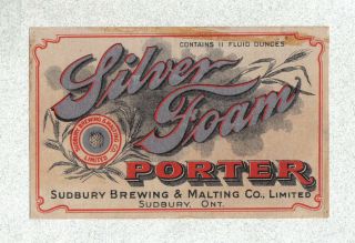 Beer Label - Canada - Silver Foam Porter - Sudbury Brg.  & Malting Co.  - Ontario