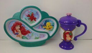 Disney Store Ariel Little Mermaid Friends Meal Time Divided Plate Bonus Cup