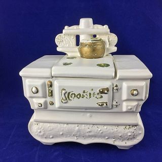 Mccoy Pottery Usa Wood Burning Stove Cookie Jar White With Gold Accent 1960 
