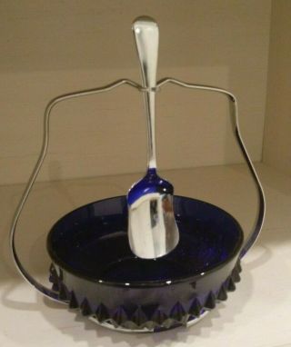 Cobalt Blue Glass And Silver Plated Sugar Bowl And Spoon