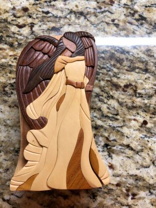 Carver Dans Hand Crafted Wood Angel Wings Jewelry Trinket Puzzle Box Brown Multi