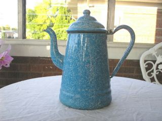 Vintage Blue & White Swirl Enameled Coffee Pot Graniteware