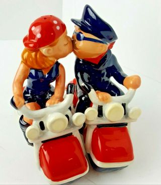 Kissing Motorcycle Couple Magnetic Salt Pepper Shaker Set By Westland