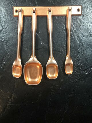 Vintage Copper Coated Long Handled Measuring Spoons With Wall Hanger 5 Pc Set