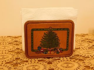 Vintage Christmas Tree Gifts Wood Napkin Holder 4.  75 " X 6 "