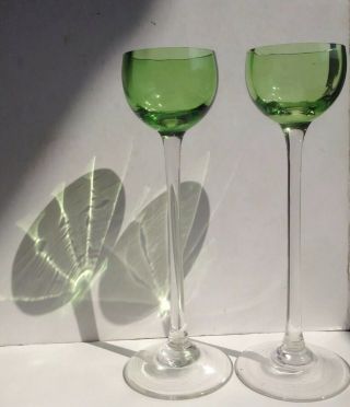 Pair Miniature 11cm Tall Wine Glasses Pretty Emerald Green Wavy Cup & Clear Stem 2