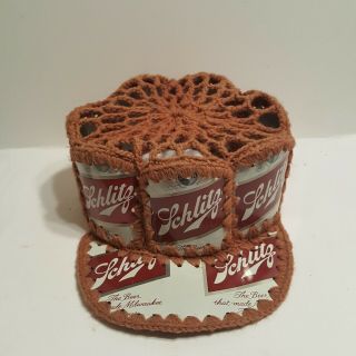 Vtg Schlitz Beer Can Crocheted Cap Baseball Hat Brown Handmade Folk Art